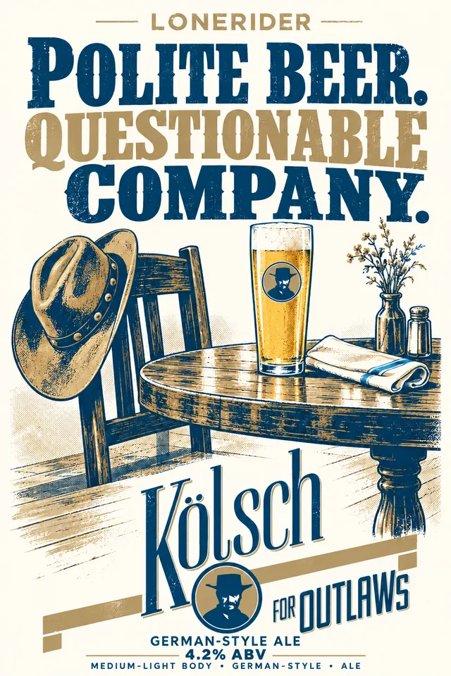 Kolsch for Outlaws poster: Polite beer. Questionable company.