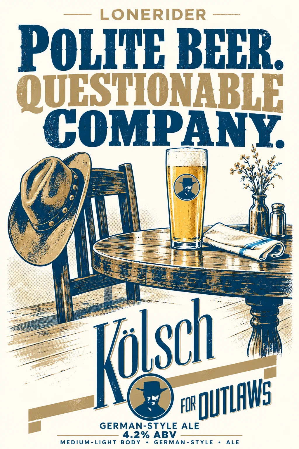 Kolsch for Outlaws poster: Polite beer. Questionable company.
