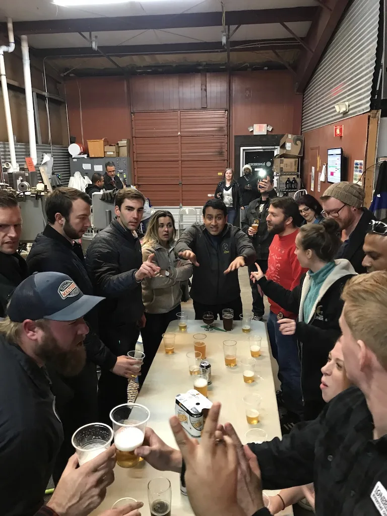 The early crew, around one table, a few years in