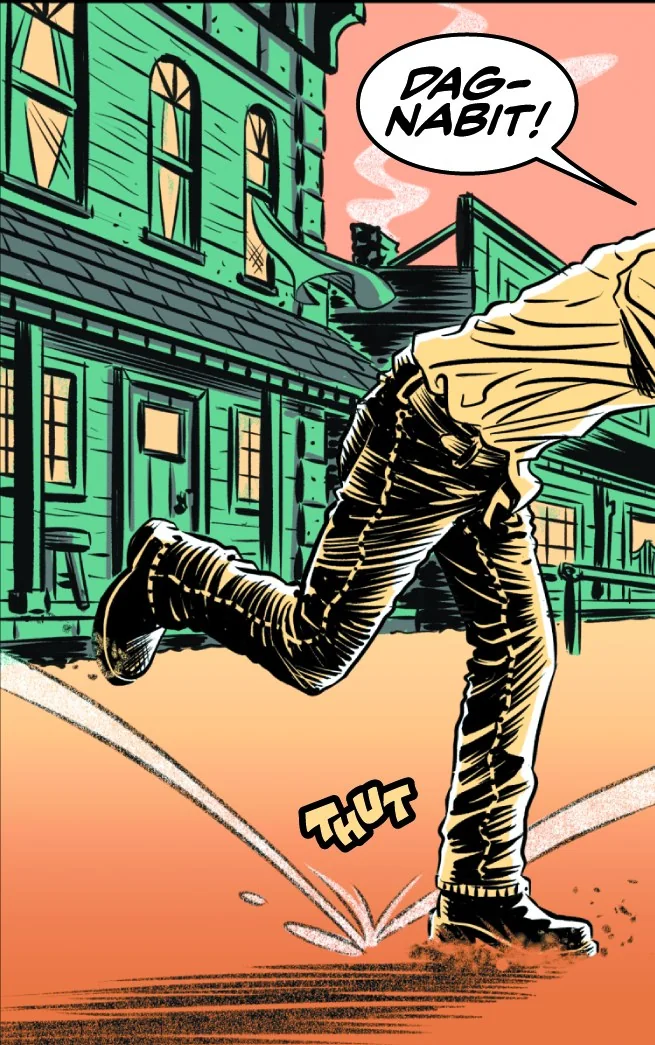 The undertaker chases his hat down the main street at dusk