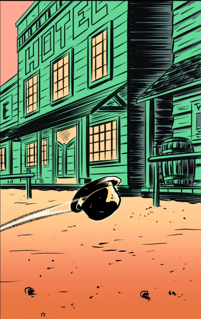 The hat rolls toward the far end of town