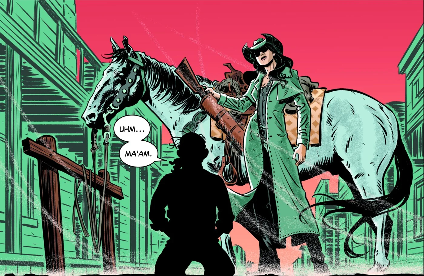 A rider in silhouette beside her horse; the undertaker mumbles "ma'am"
