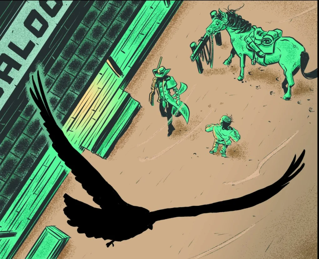 A crow wheels over the street as Betty walks toward the saloon