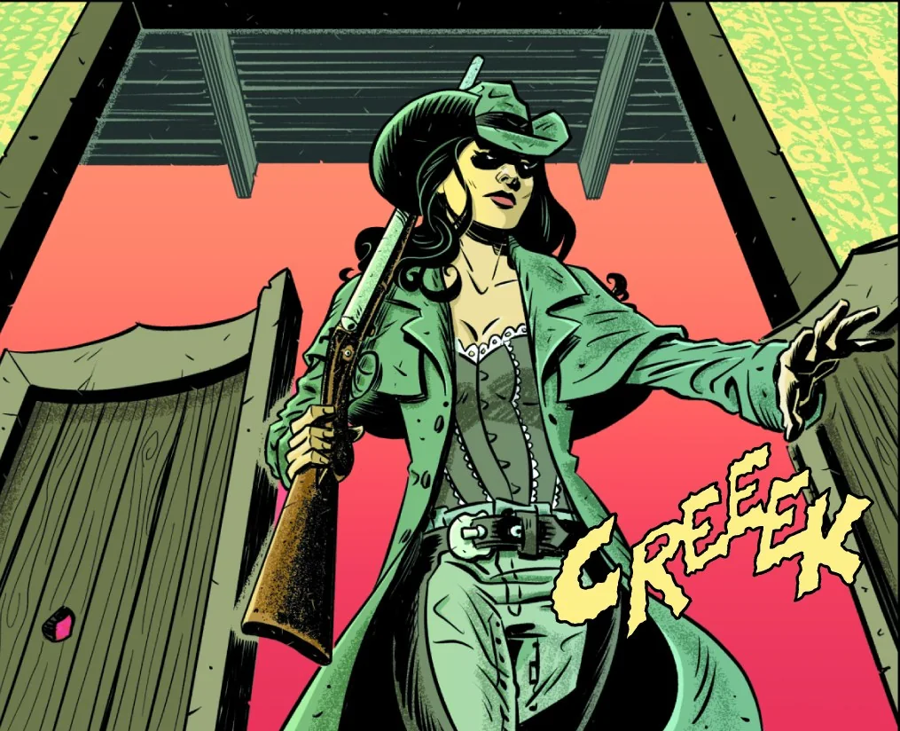 Betty pushes through the saloon doors, shotgun on her shoulder