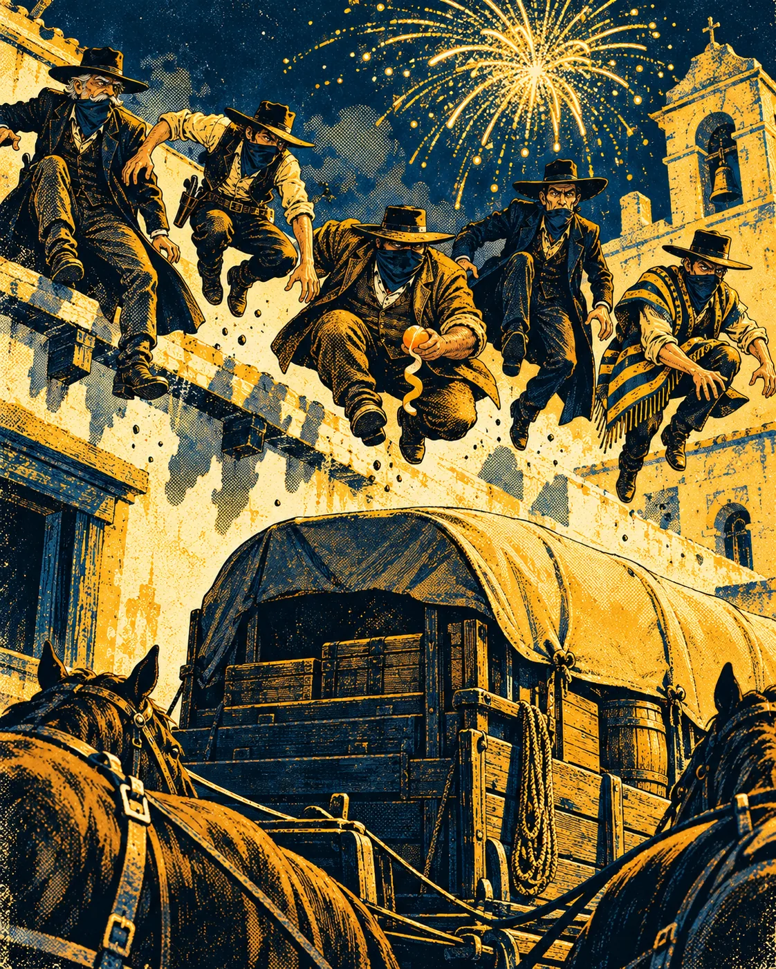 A rocket bursts overhead as five shadows drop toward the wagon