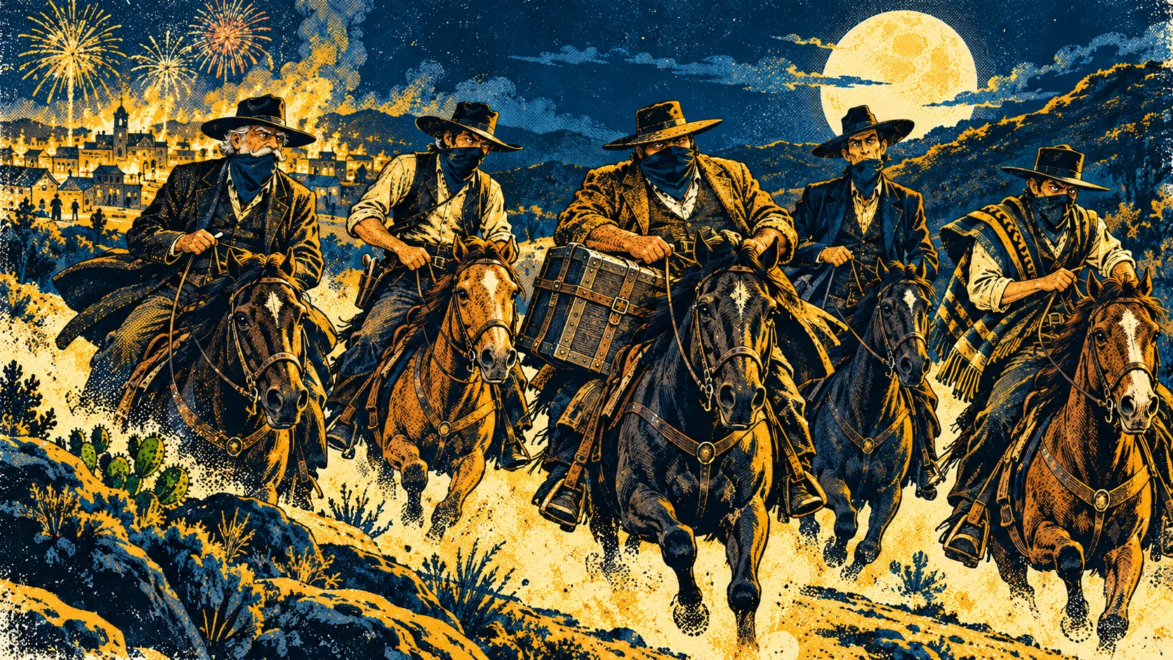 Five riders gallop into moonlit hills with a strongbox, fireworks behind them