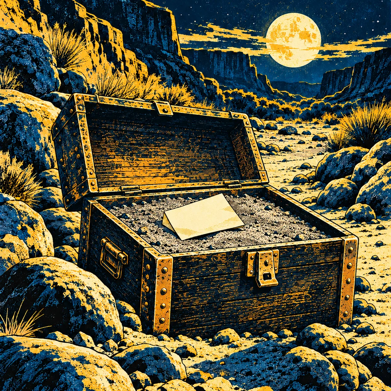 An open strongbox in a moonlit arroyo, full of gray sand, a folded note on top