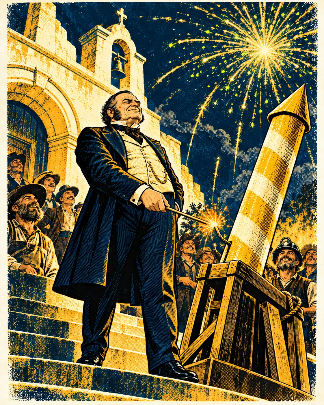 Mr. Harlan on the church steps lighting a giant rocket for the crowd