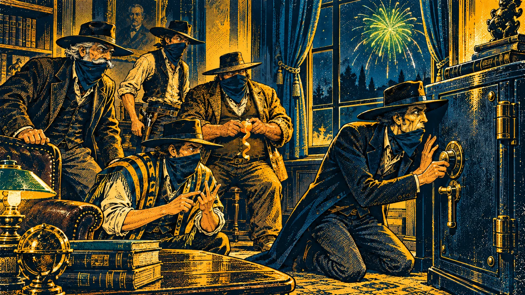 A bandit kneels at an old iron safe, ear to the steel, fireworks bursting in the window