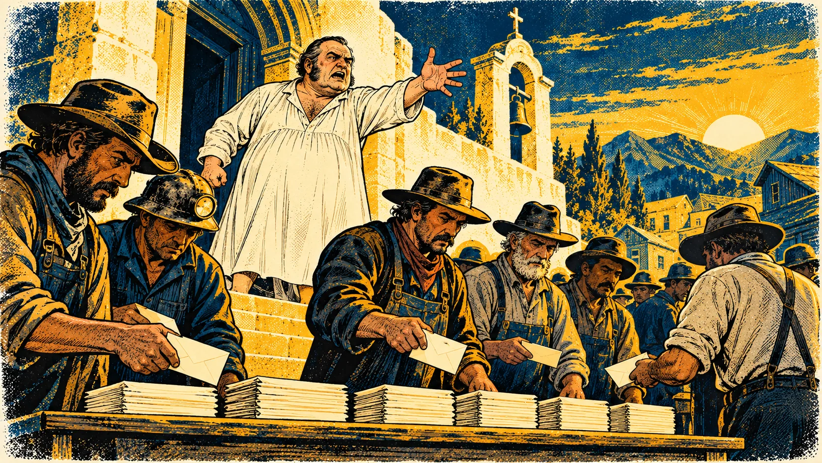 Miners take pay envelopes from the church steps while Harlan shouts in his nightshirt