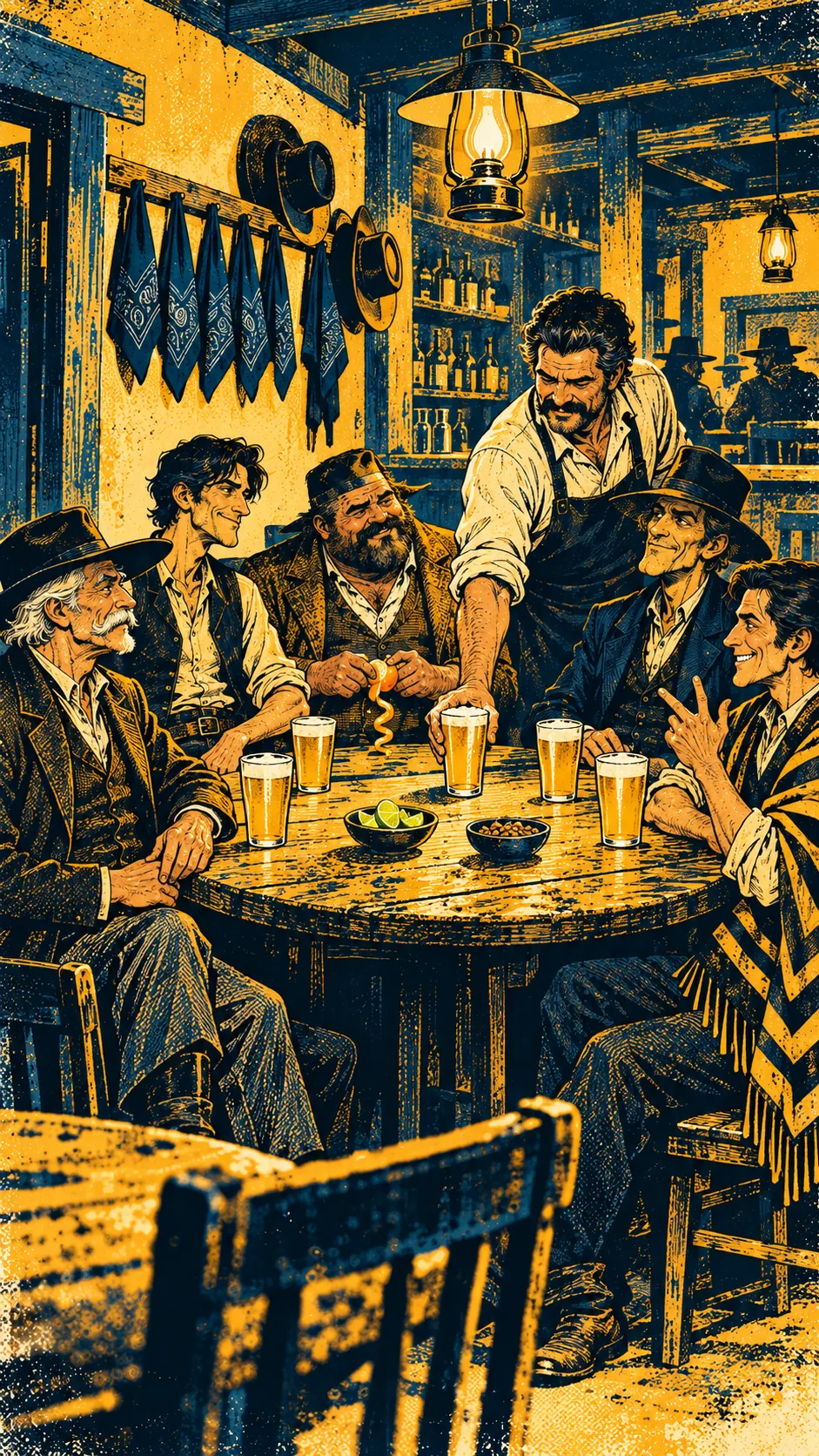 A barkeep sets an extra glass of beer on a cantina table of five men, bandanas hanging on pegs