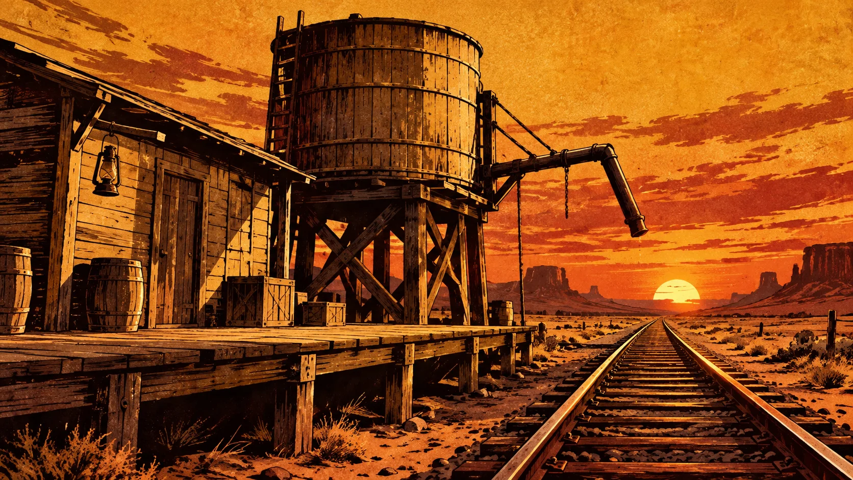 Cutter's Tank: a wooden water tower and empty platform beside the tracks at sundown
