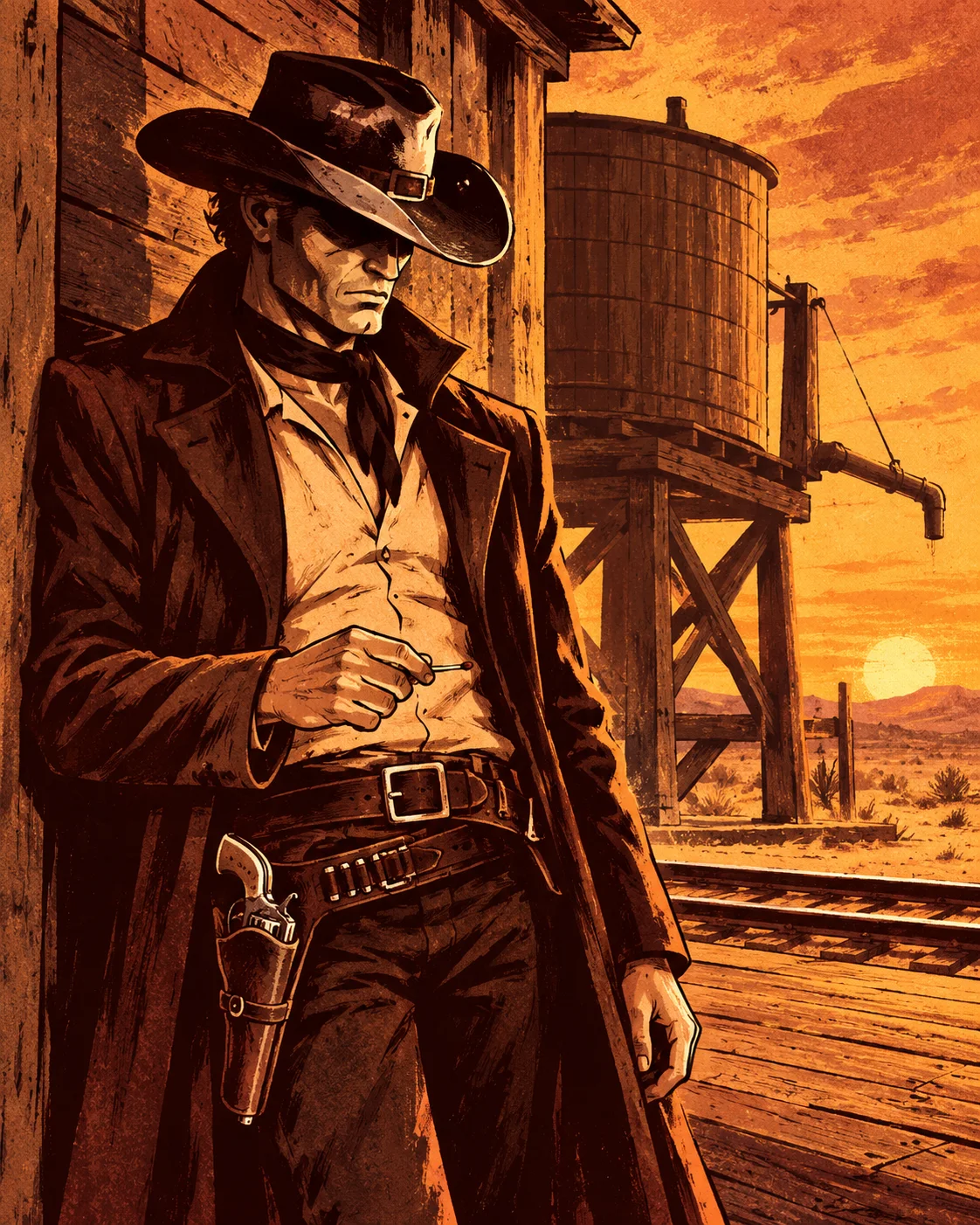 Jack leans against the water house wall in his long coat, a match in his fingers