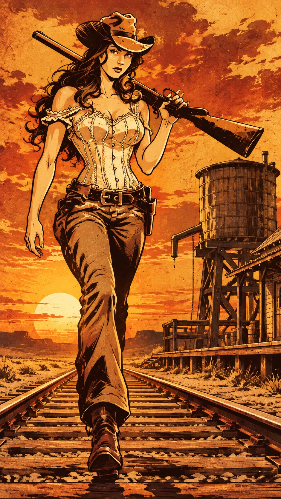 Betty walks down the railroad tracks toward the tank, shotgun on her shoulder, the sun behind her