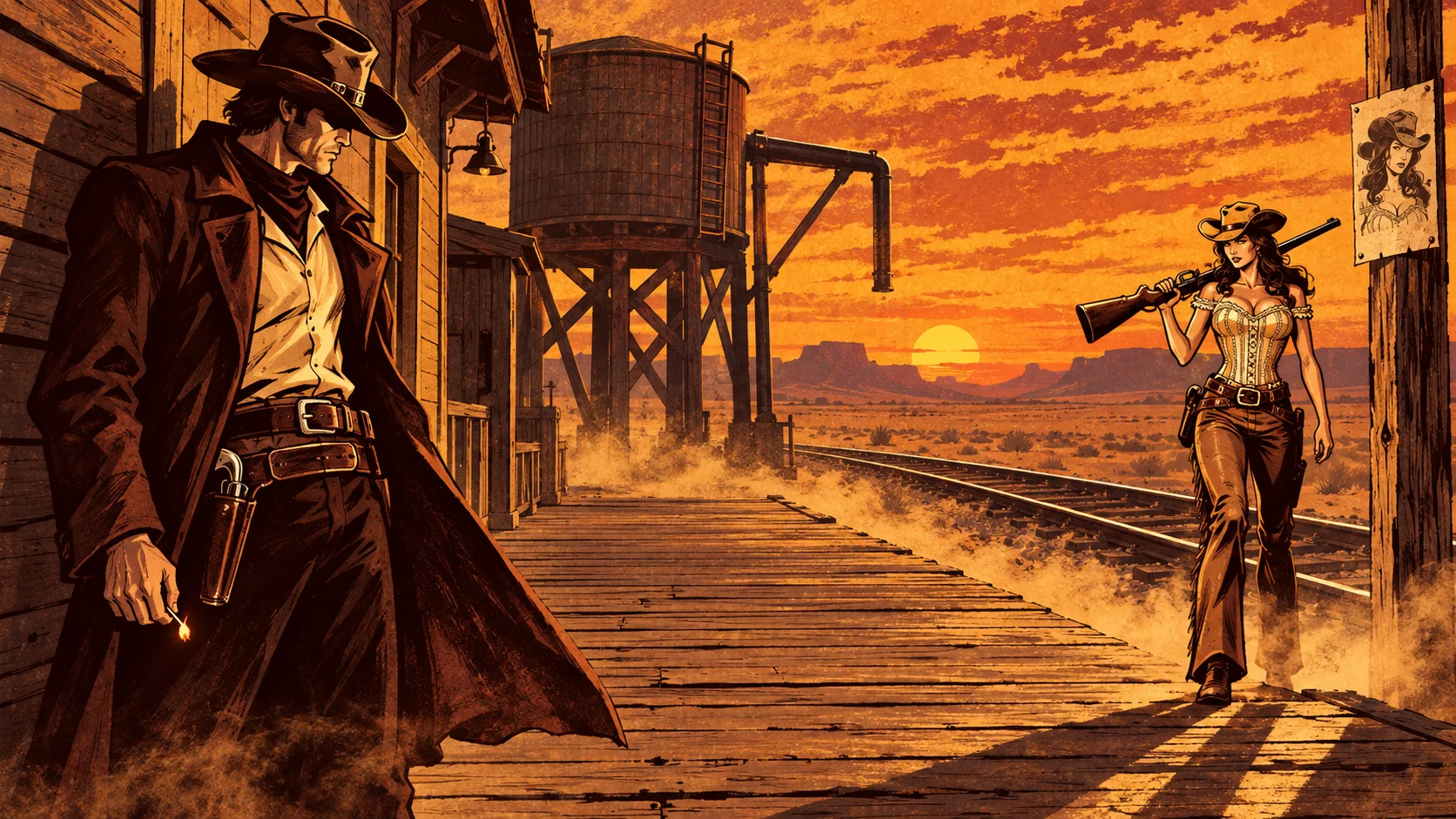 Jack and Betty face each other across the dusty platform, her wanted poster nailed to a post