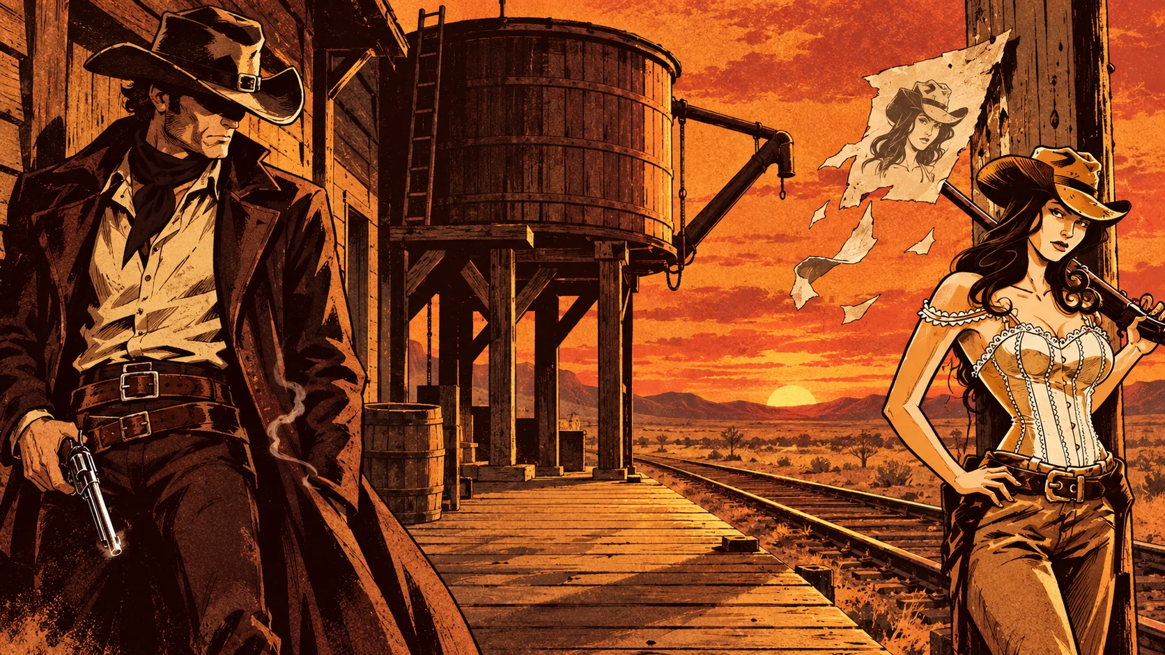 The wanted poster tears off the post in pieces as Jack lowers his revolver and Betty stands unflinching