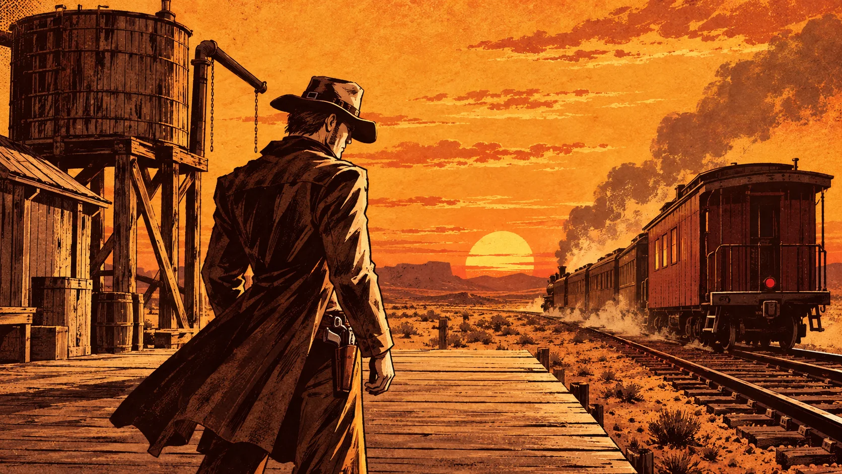 Jack stands alone on the platform watching the train pull away into the sunset
