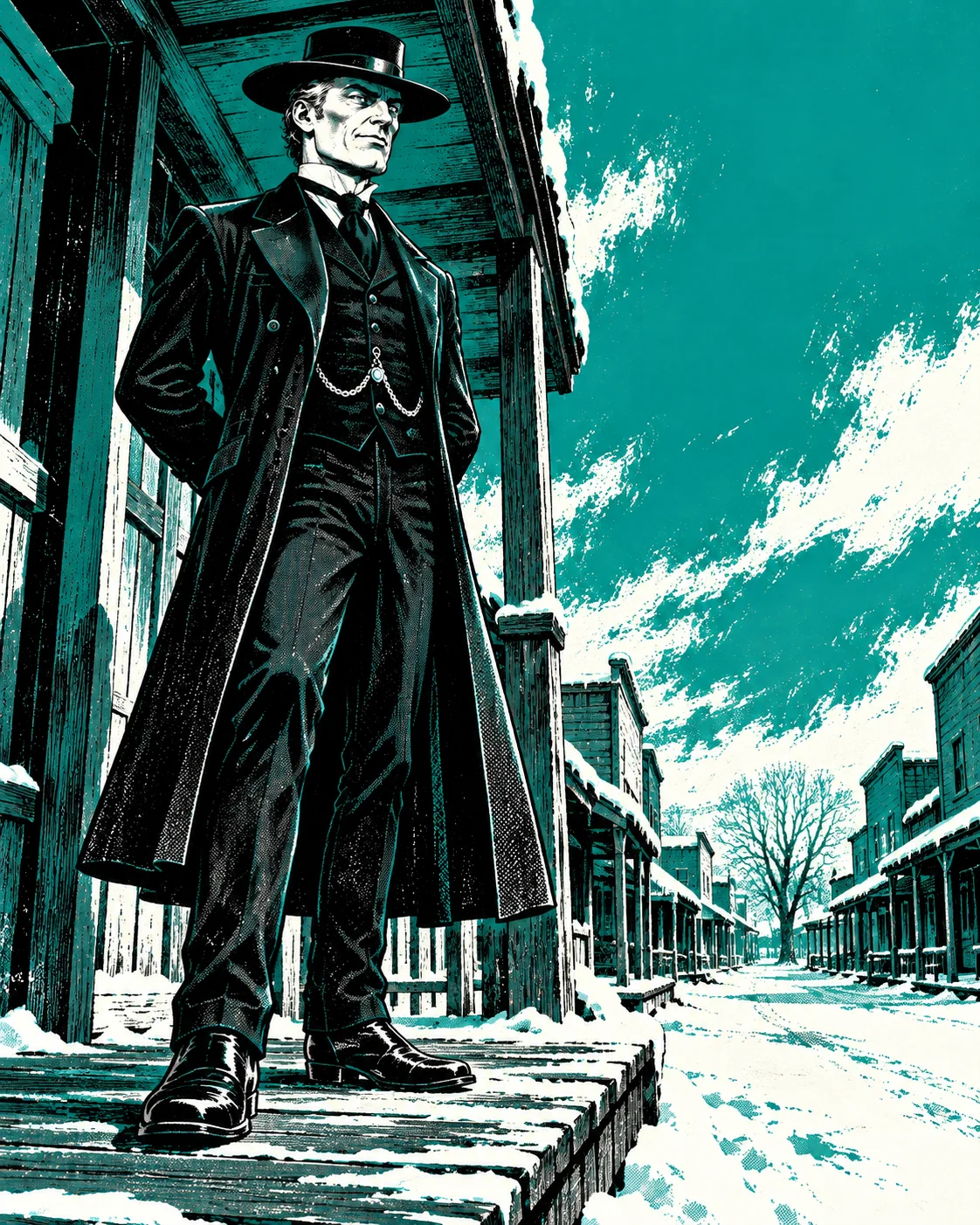 Picket stands on a boardwalk in a long black coat, hands behind his back, smiling coldly