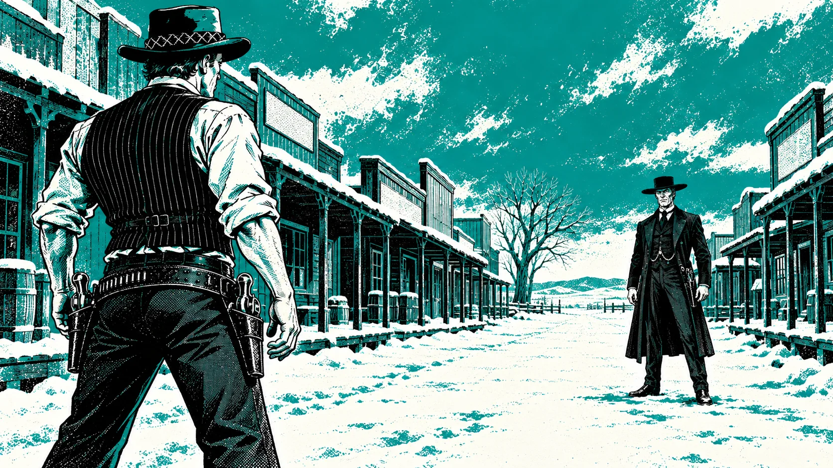 Kincaid and Picket face each other down the length of the snowy street at noon