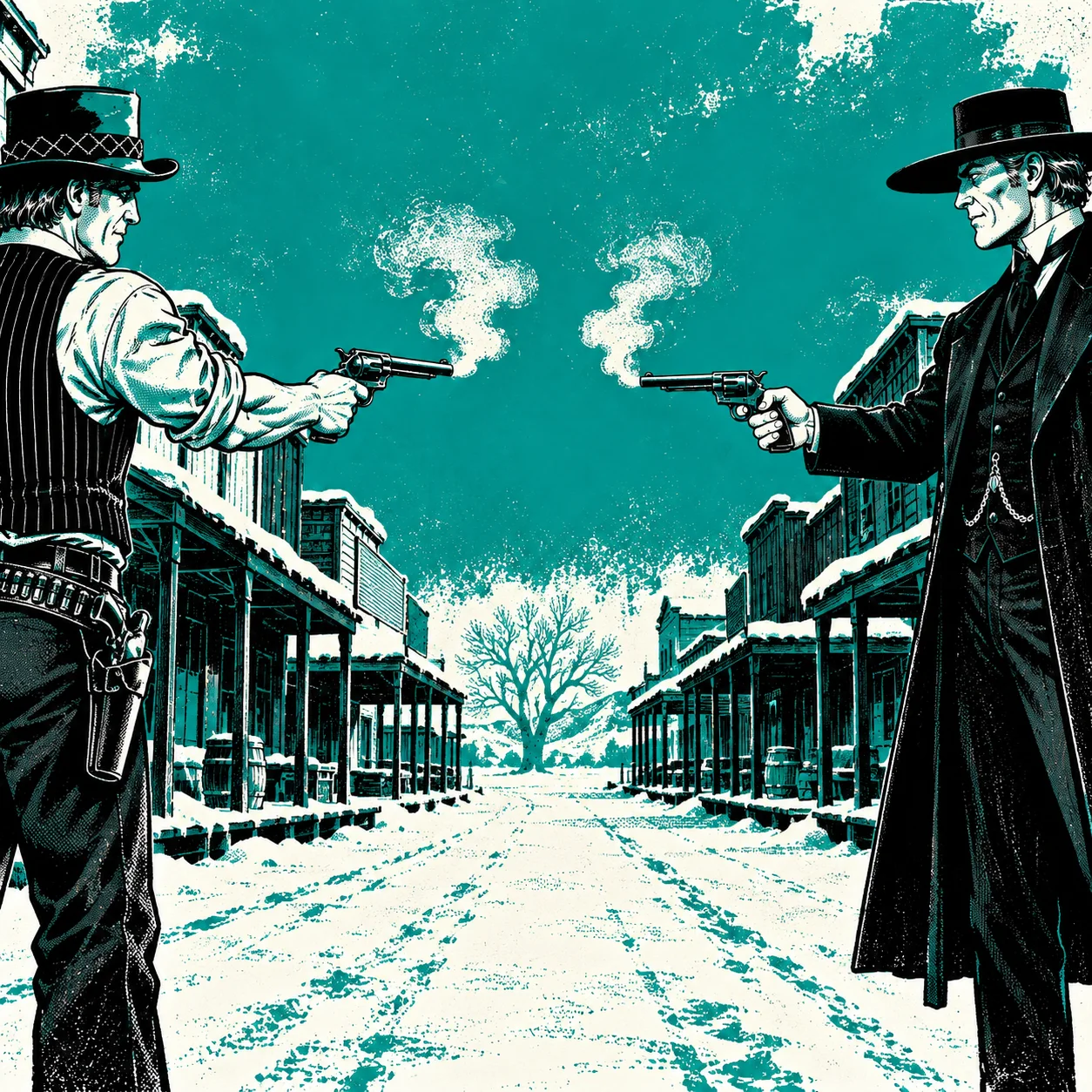 Both men fire at once, smoke curling from their revolvers