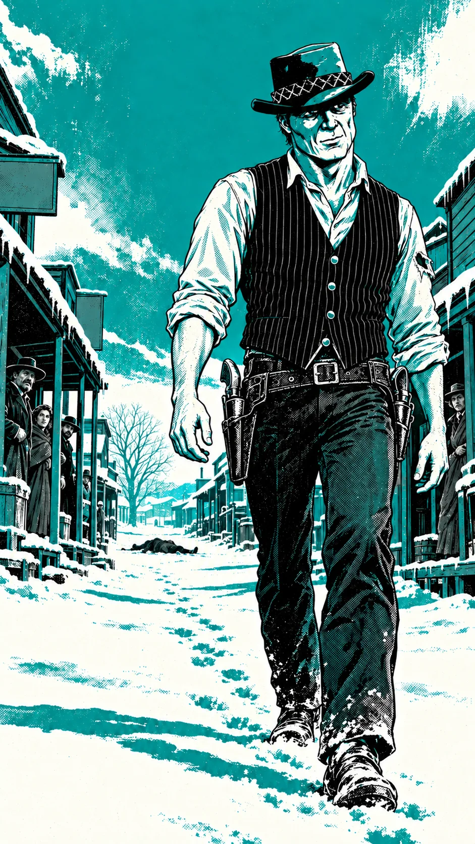 Kincaid walks away through the snow as the town watches, Picket fallen far behind him