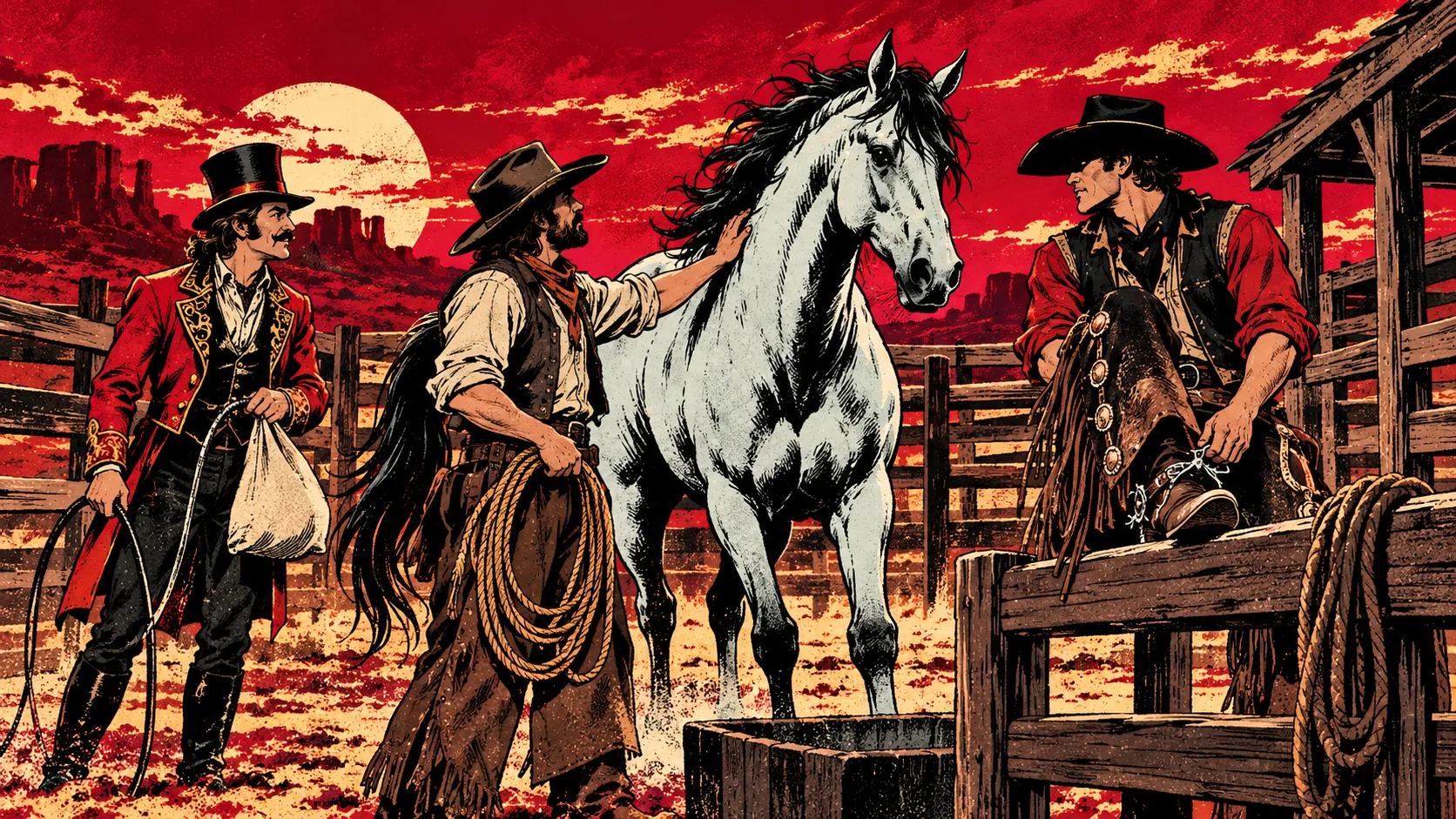 Riders gather at a corral around the gray stallion