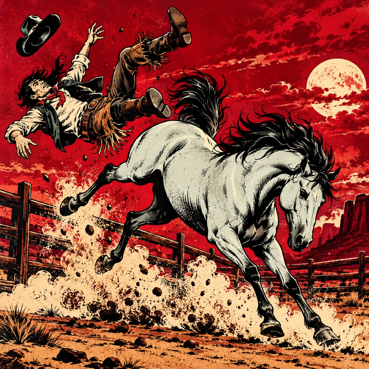 A cowboy flies off the gray stallion's back, hat spinning away