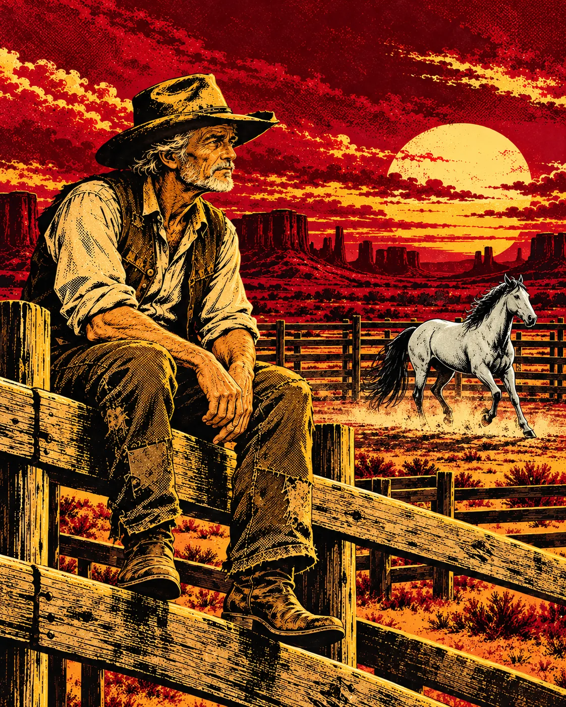 Old Ezra Pike on the top rail of a corral at dusk, watching the gray stallion