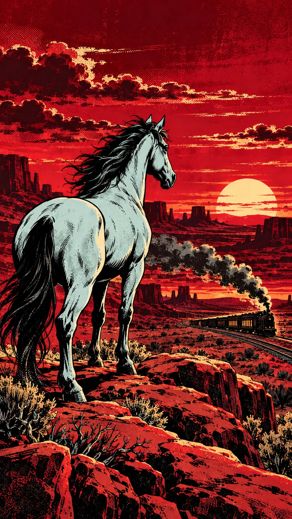 The gray stallion on a ridge above the tracks, watching a train's smoke trail east
