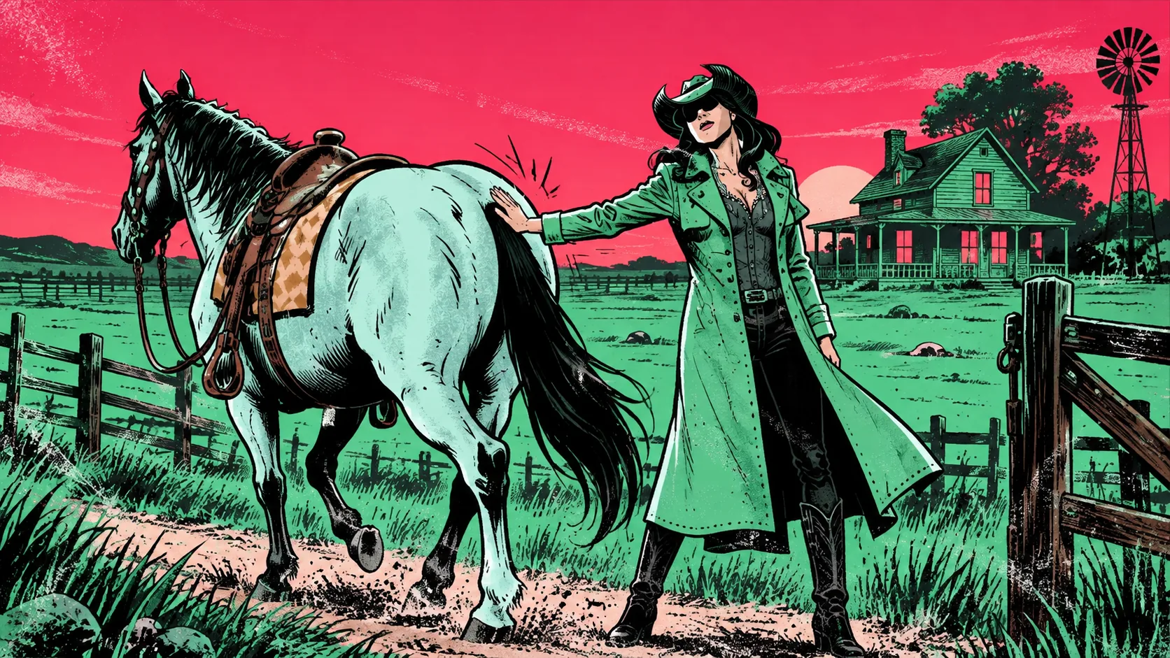 A woman in a long green duster sends the gray horse off at the edge of her land