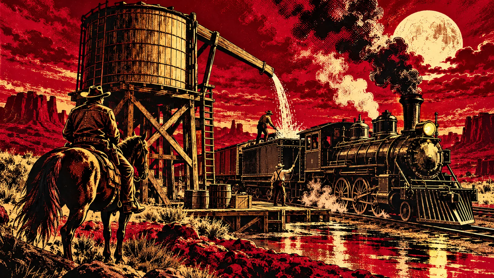 A westbound train takes on water at Cutter's Tank at sunset