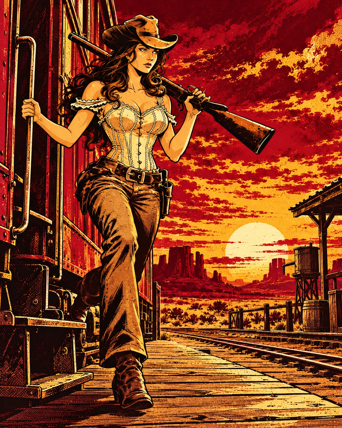 Shotgun Betty steps down from the train, shotgun on her shoulder