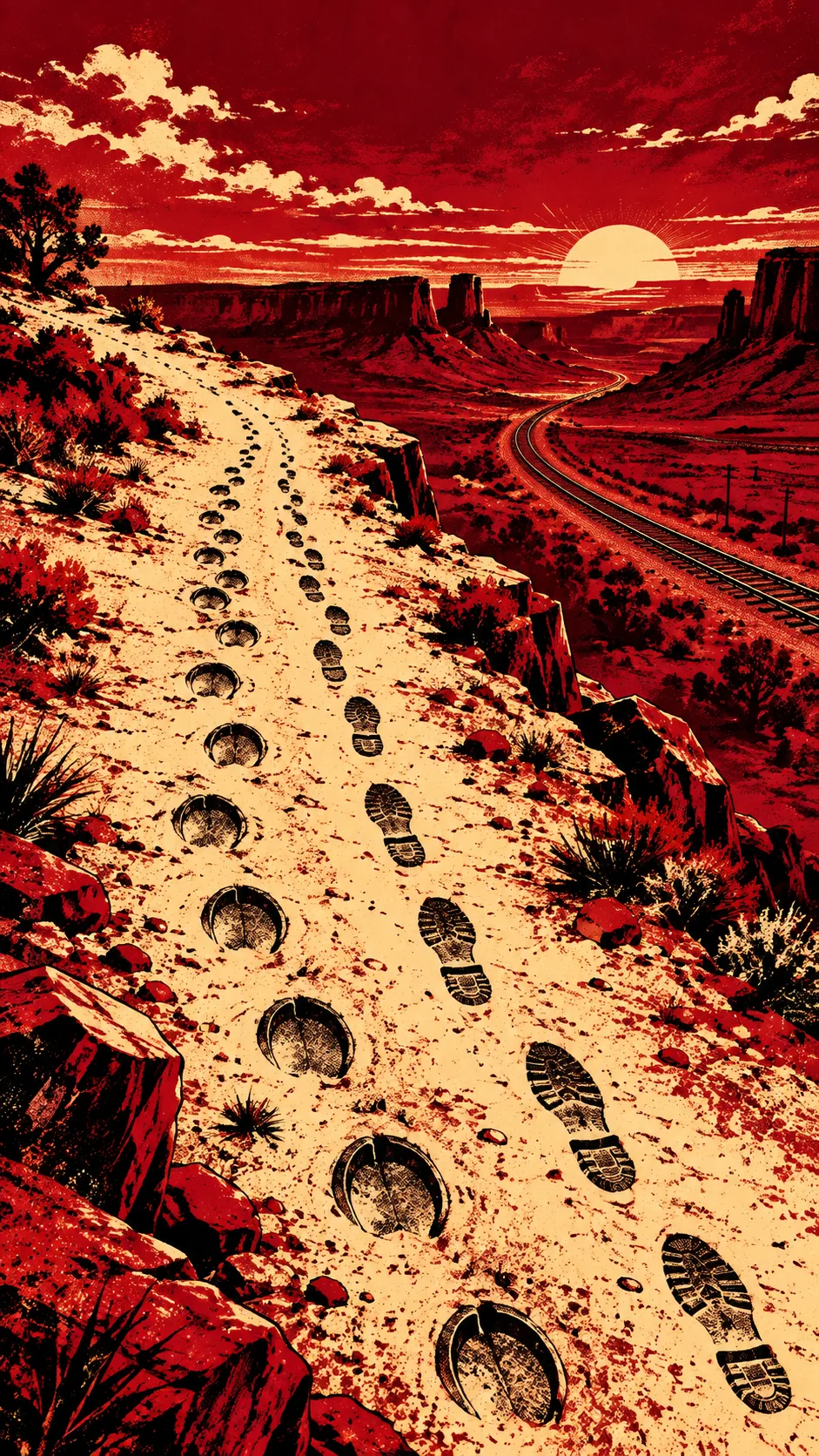 Two sets of tracks going west at dawn, hoofprints beside boot prints