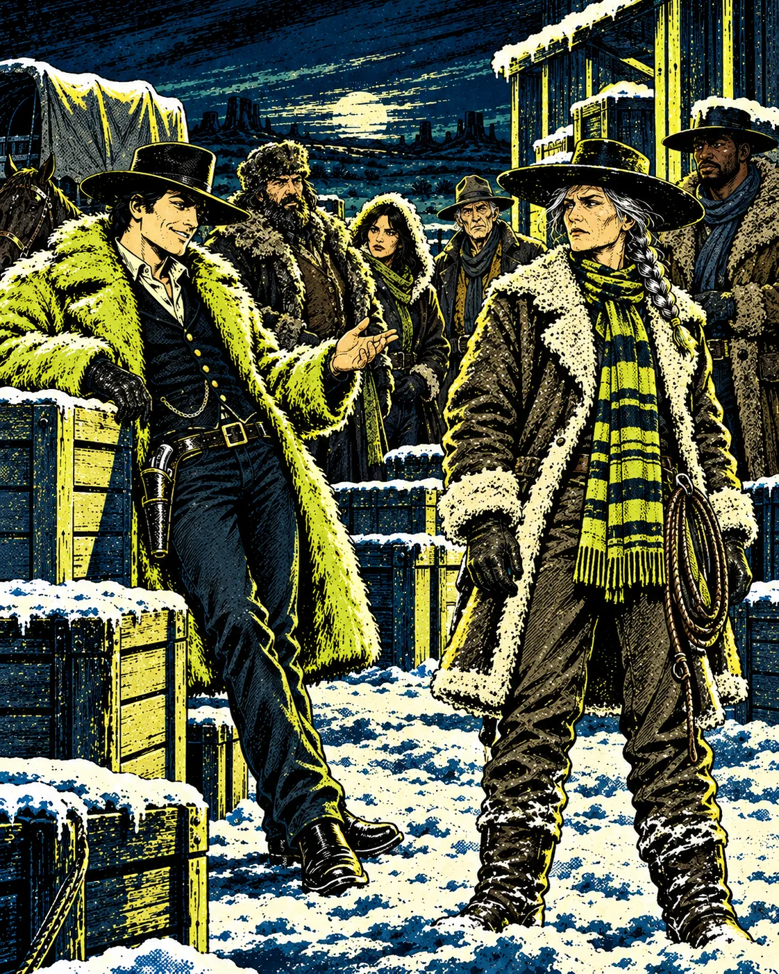The man in the new buffalo coat asks with an easy smile; Hattie looks back, unimpressed