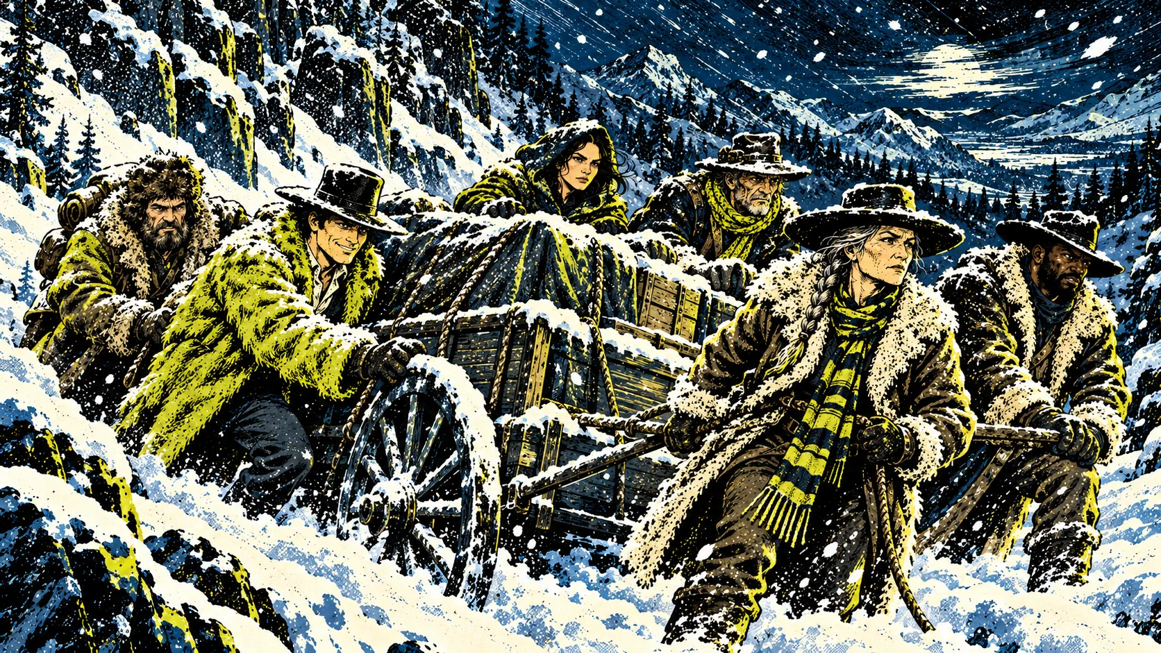 The wagon crawls up a mountain pass in a blizzard, six figures bent into the wind