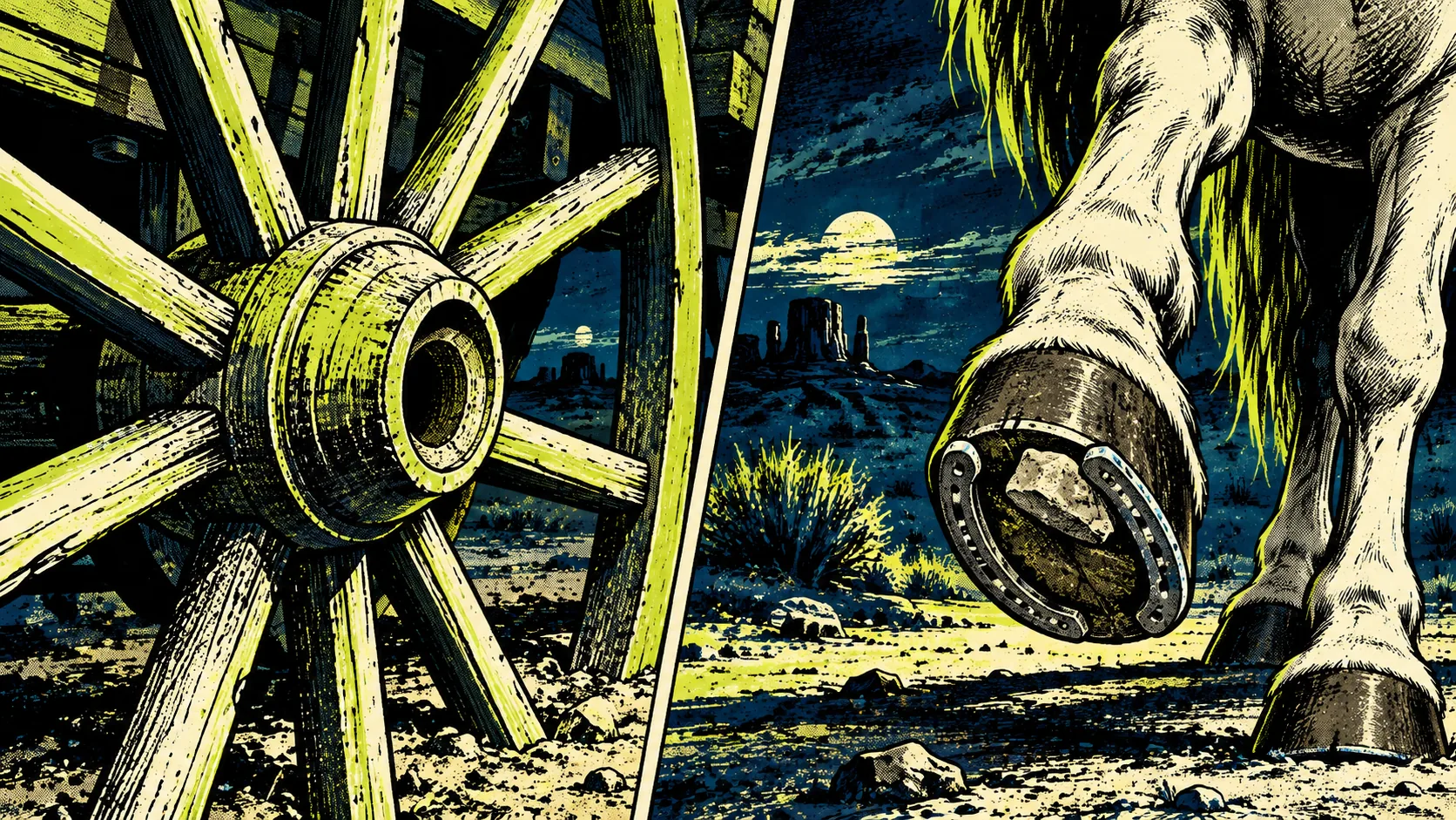 A wagon wheel missing its linchpin, and a horse's hoof with a stone wedged in the shoe