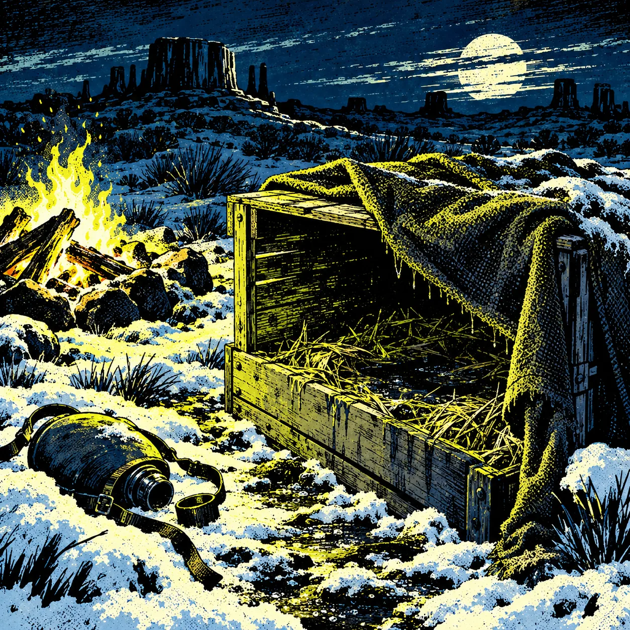 Firelight on a crate with its robe pulled back, the straw soaked, an empty canteen in the snow
