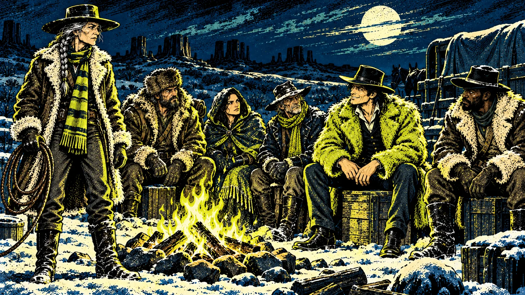 Hattie at the campfire facing the outlaws, every eye turning to the man in the buffalo coat