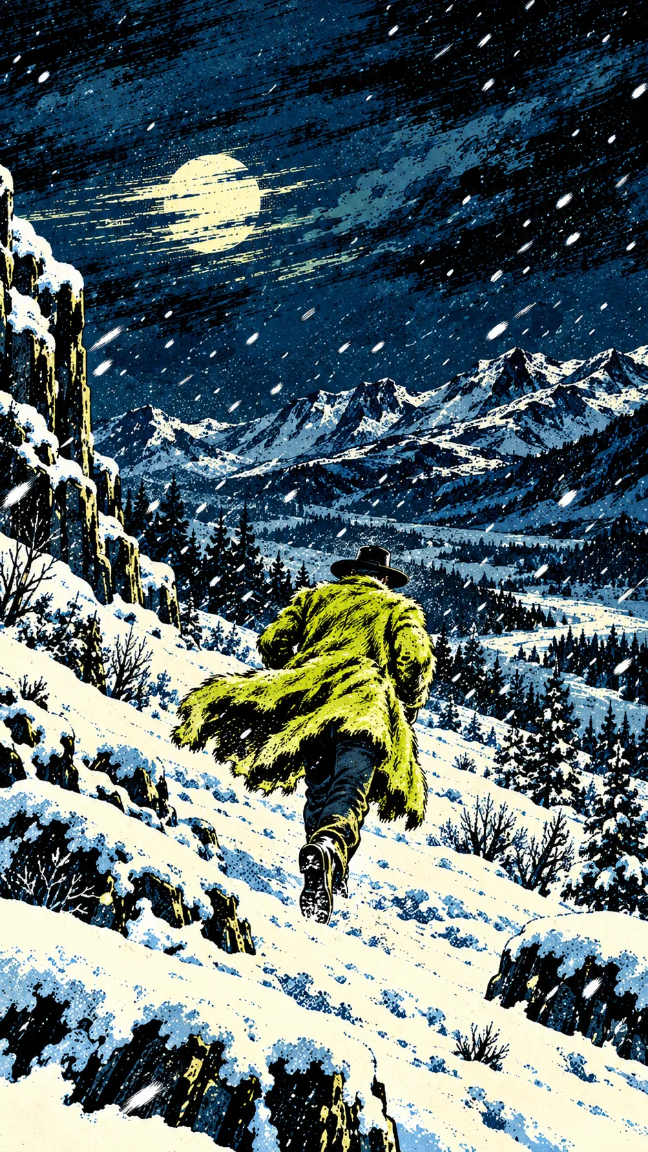 The man in the buffalo coat runs into blowing snow and darkness