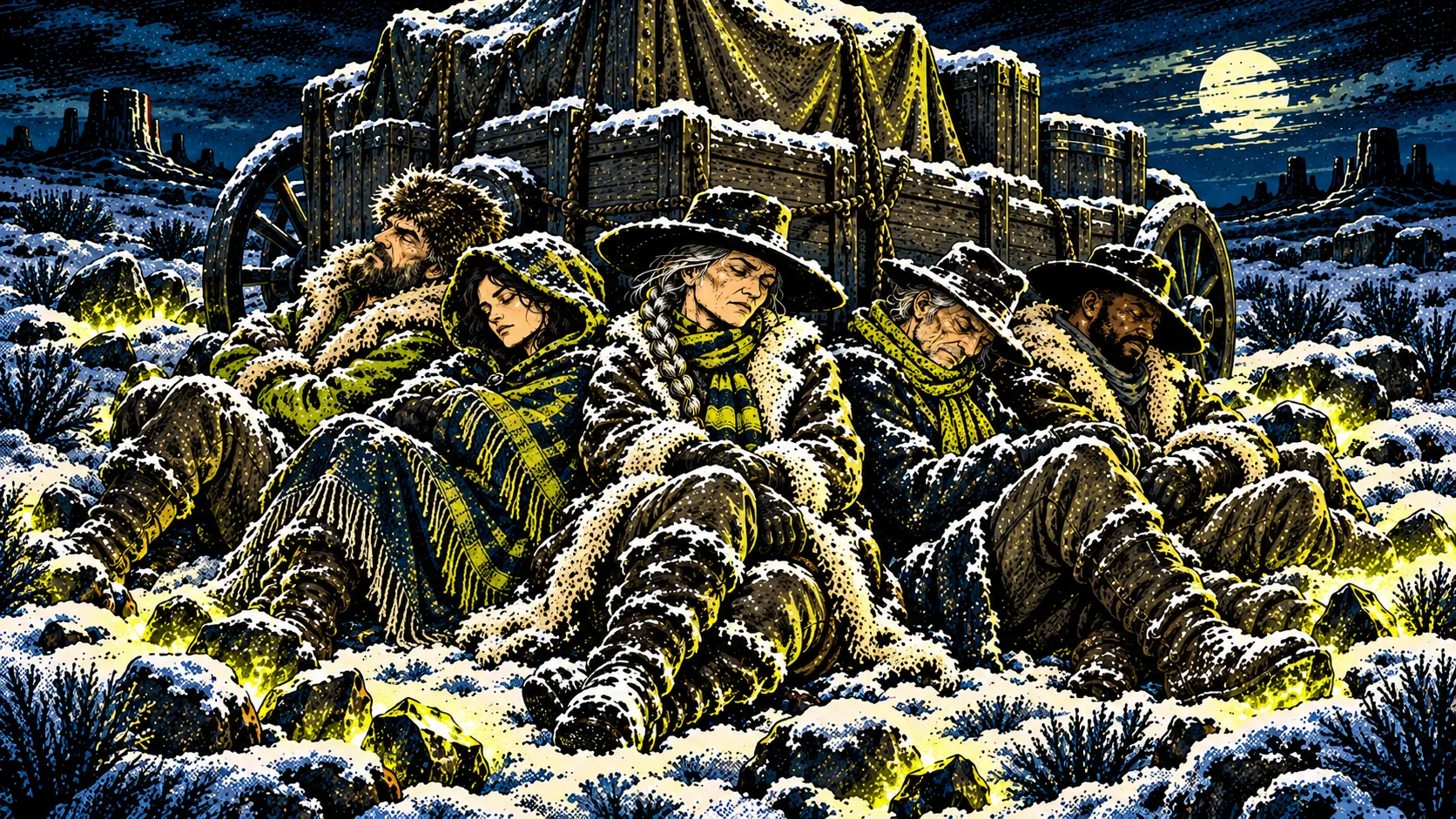 Five outlaws asleep back to back around the wrapped crates, stones glowing in the snow