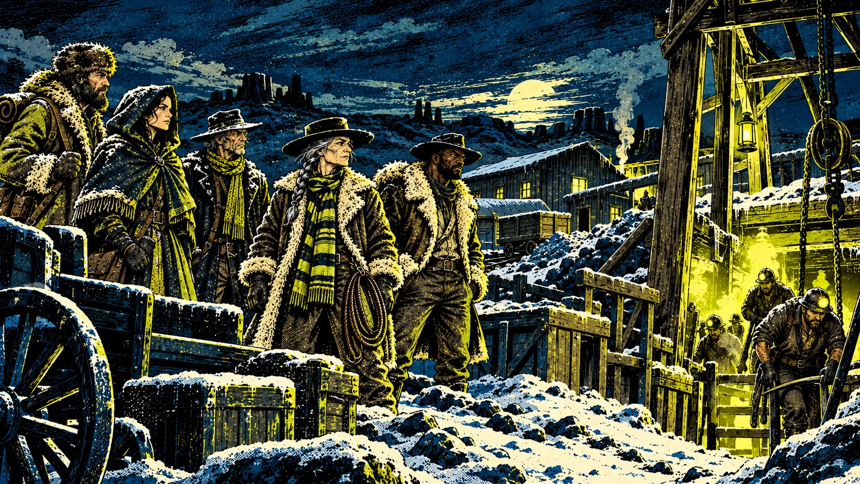 Miners climb out of a fresh shaft into golden light as Hattie and her outlaws watch