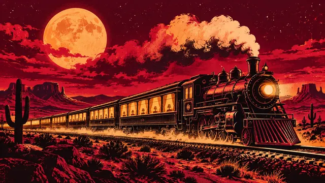 A steam train runs west under a full moon.
