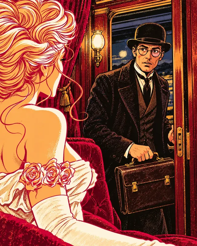 A courier in a bowler hat stands at the door holding a case.