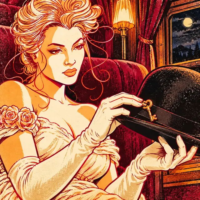 Josie holds the courier's hat; a key is tucked under the band.