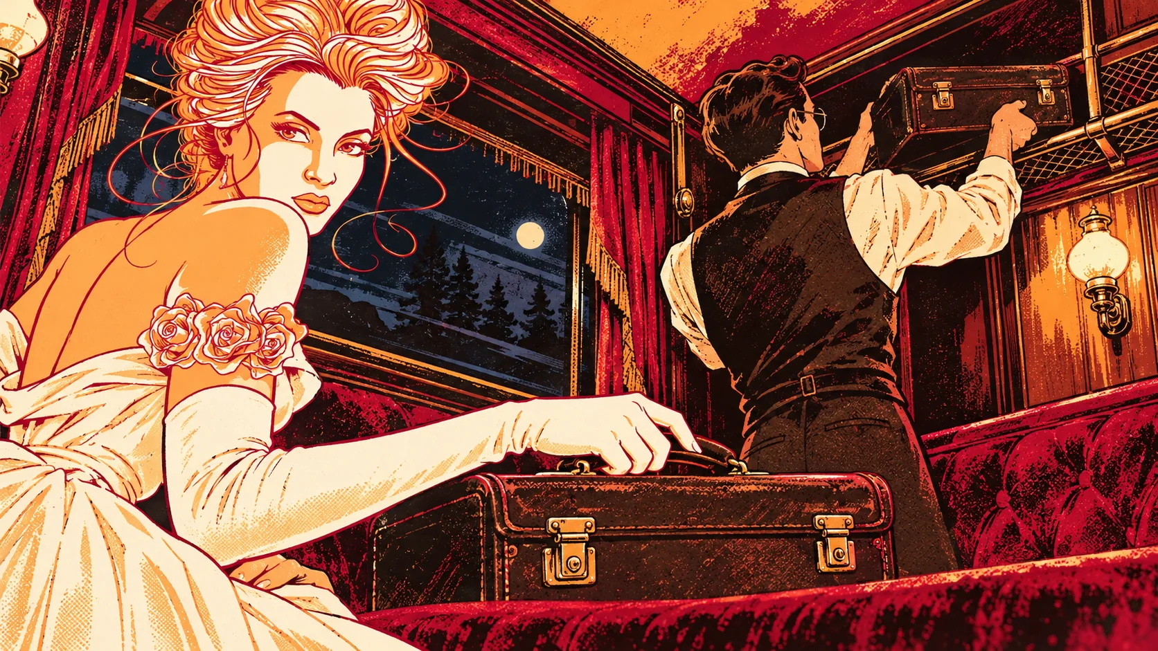While he reaches for the rack, Josie sets down an identical briefcase