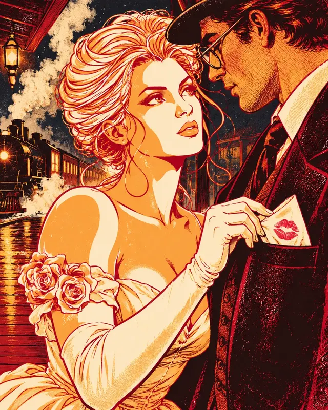 Josie tucks a lipstick-kissed note into the courier's pocket.
