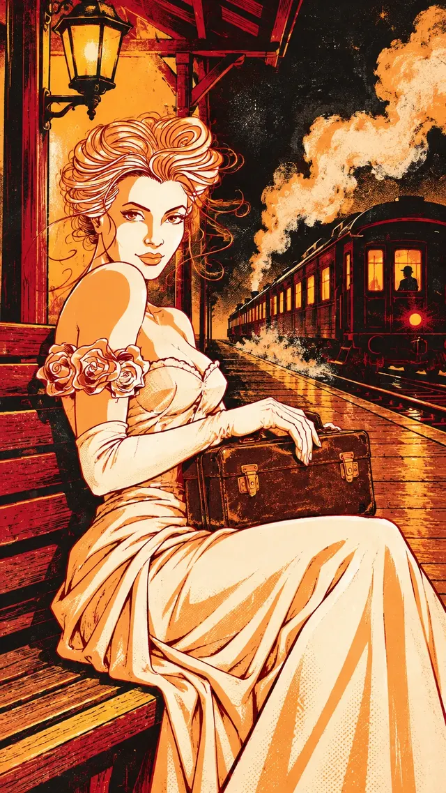 Josie sits on a station bench as the train pulls away.