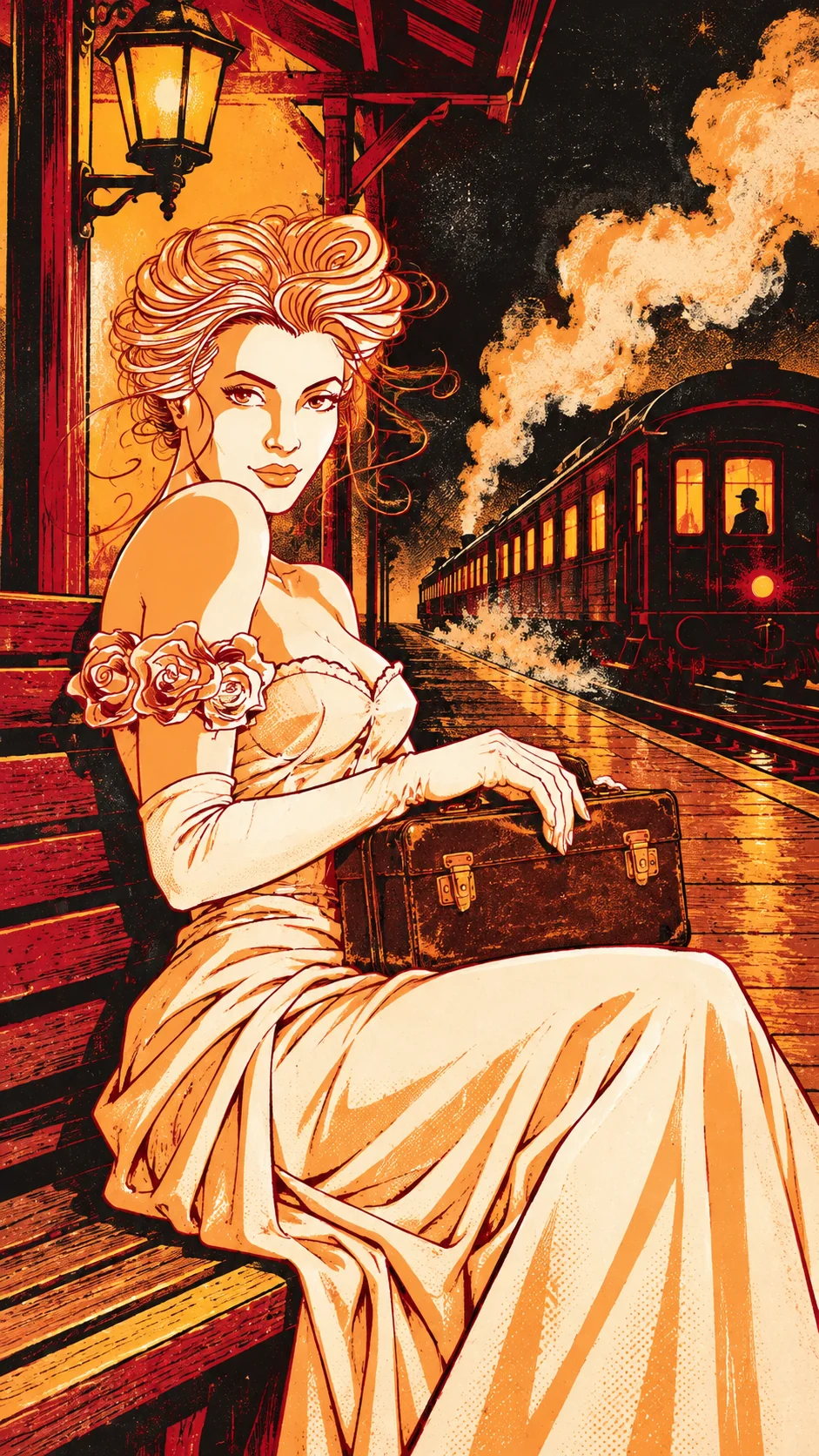 Josie on the station bench with the briefcase as the train slides away