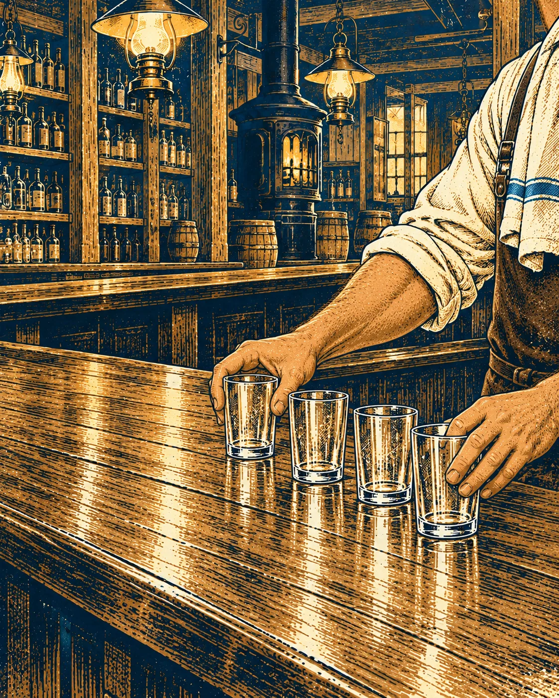 The bartender's hands setting out clean glasses on a long wooden bar