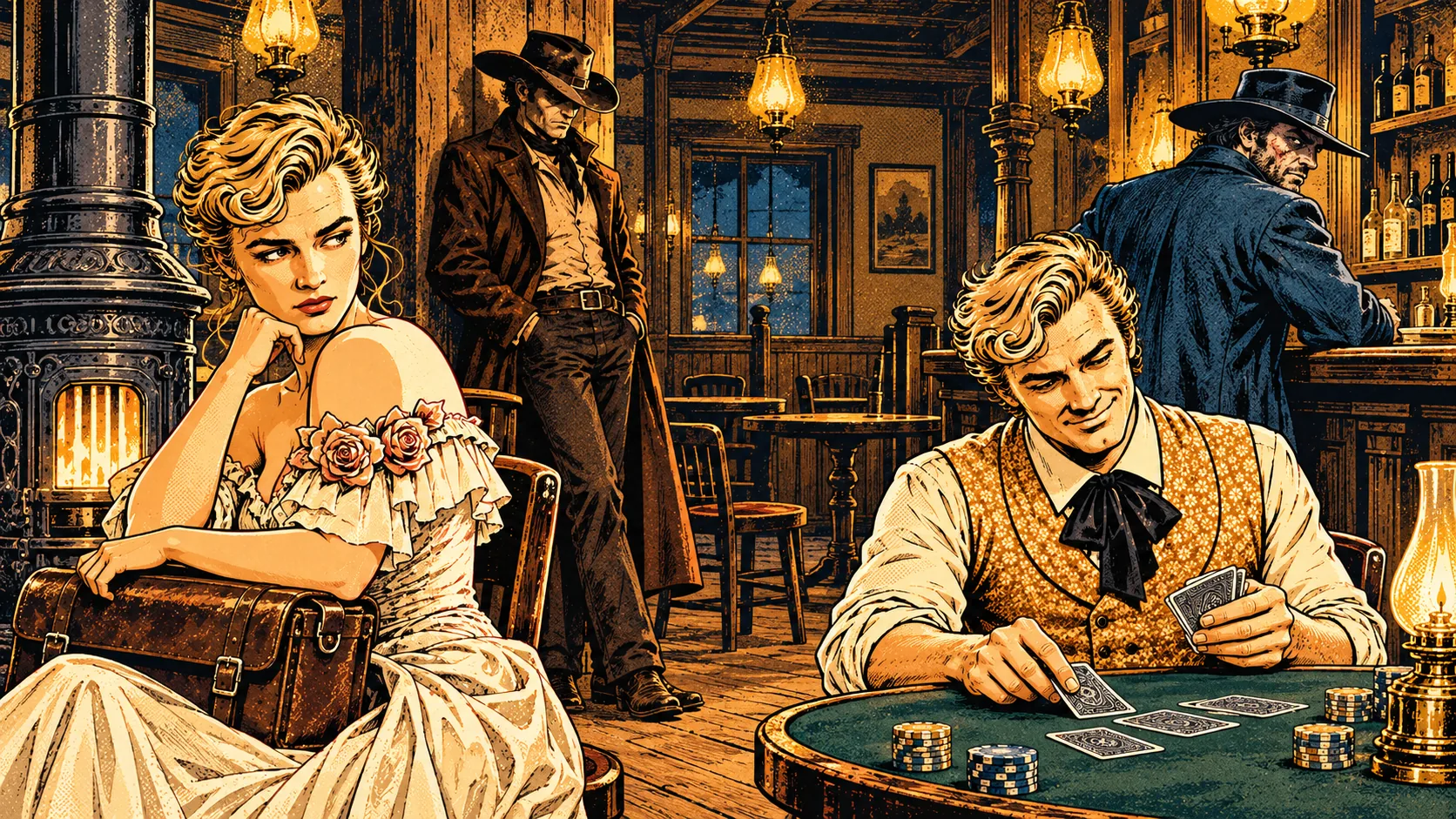 The room: a woman with a briefcase by the stove, a man in a long coat against the wall, a gambler in a peach vest dealing cards